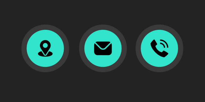 Three circular green icons representing a greenhouse facility, email, and location, set against a dark grid-patterned background — part of GrowSync's contact or communication section.