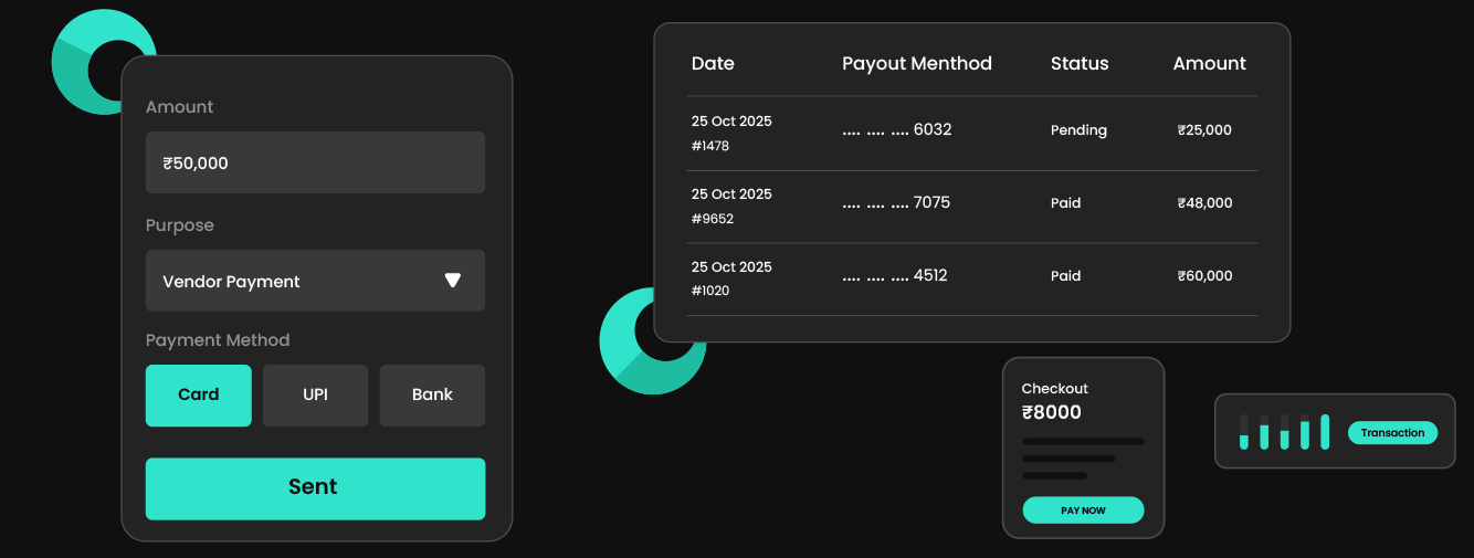 Green circular interface with central 'G' icon surrounded by six icons representing features like control panel, automation, user access, and system expansion.